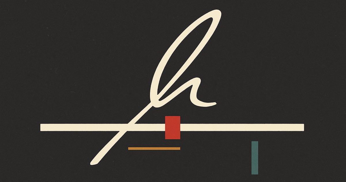 An ivory signature stroke crossing a long rail, with a red block where they meet, on charcoal