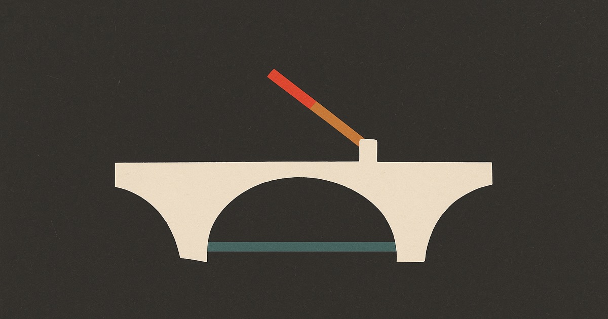 An ivory bridge with a red barrier arm raised at the middle of the span, on charcoal