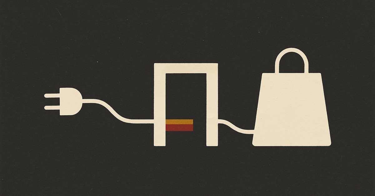 An ivory cable with a plug passing through a small gate before reaching a shopping bag, on charcoal