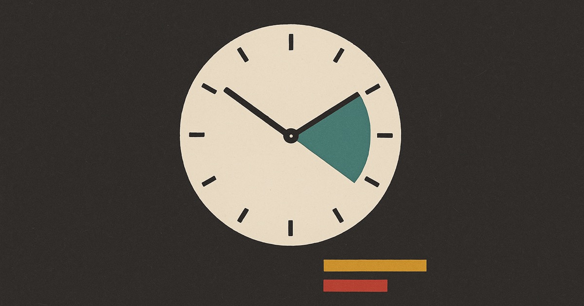 An ivory clock face with no numerals and a teal wedge between its hands, on charcoal
