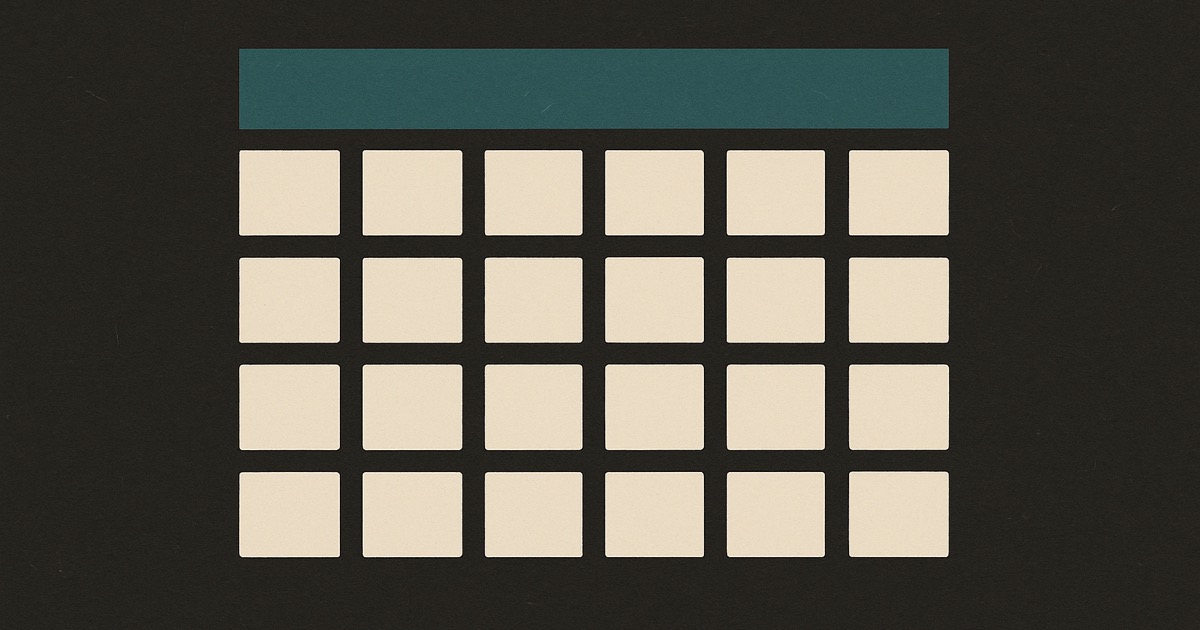 A grid of thirty small ivory squares in five rows, the first row teal, on charcoal