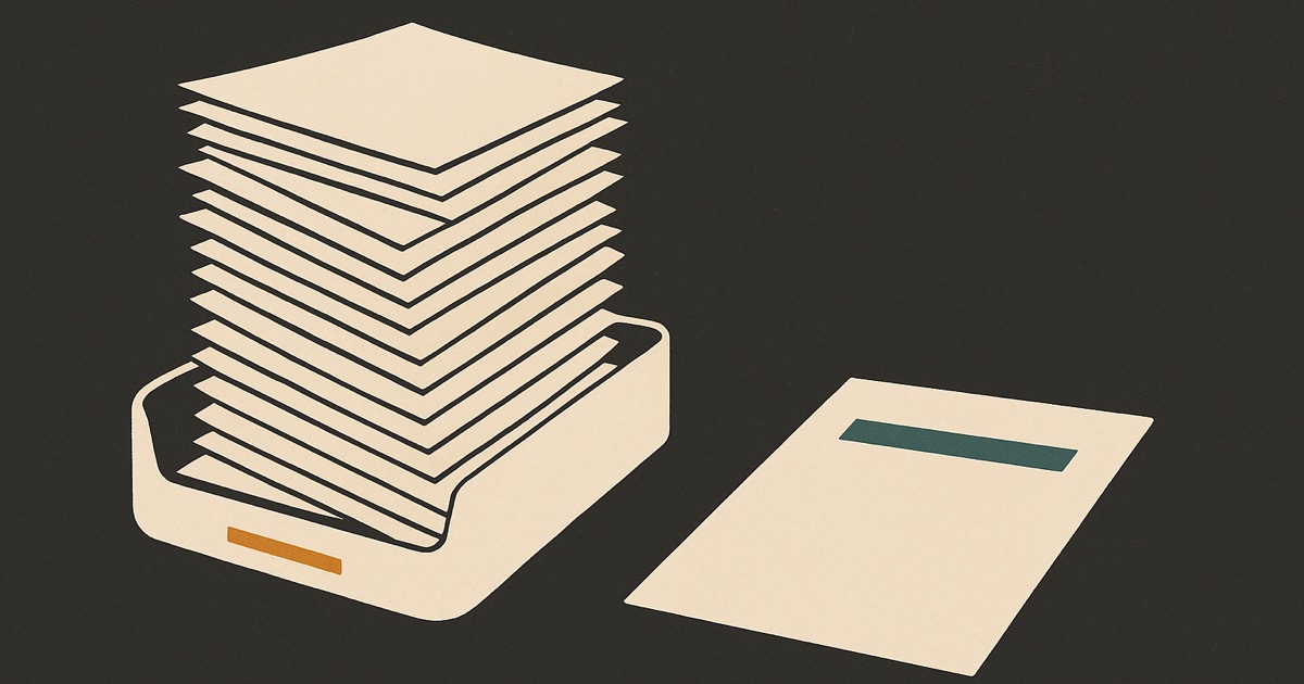 An ivory inbox tray piled with sheets beside a single flat sheet with a teal bar, on charcoal