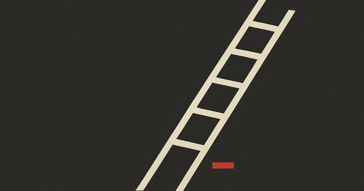 An ivory ladder with five rungs rising out of the frame, on charcoal