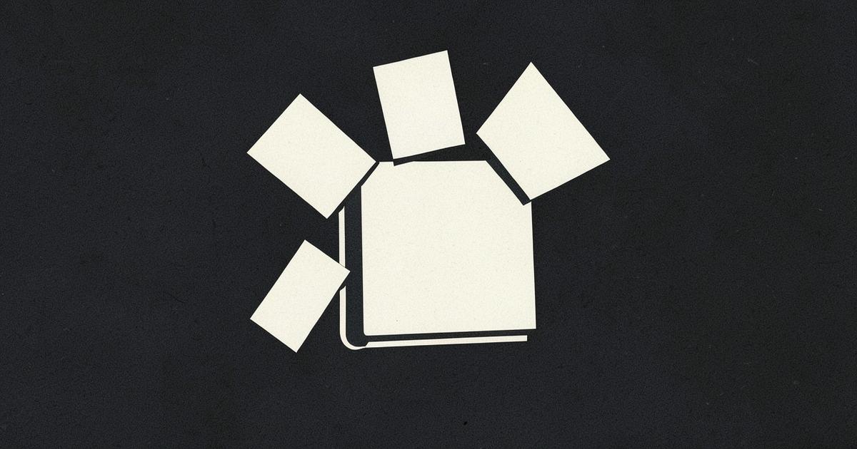 Loose ivory sheets gathering into a single bound book on a charcoal field