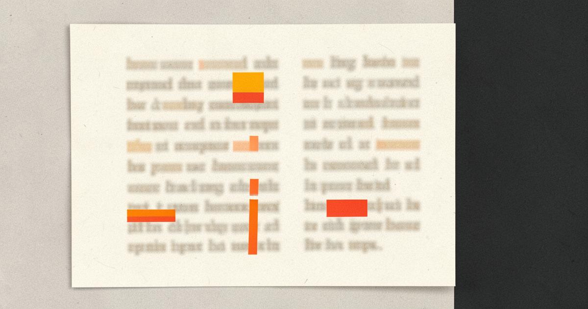 An ivory policy page with passages highlighted in orange and red, beside a charcoal panel
