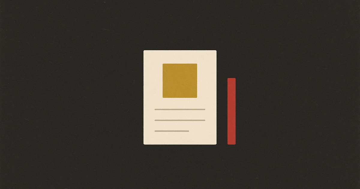 An ivory product card with an ochre photo block and a red pause bar beside it, on charcoal