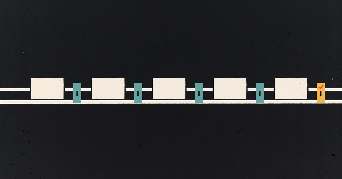 A row of identical ivory parcels on a rail, a teal checkpoint after each and a yellow approval gate at the end, on charcoal