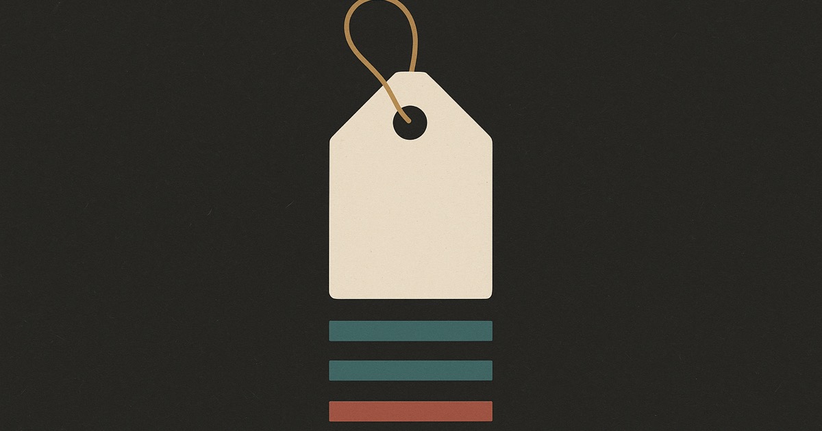 An ivory price tag above four short bars, three teal and one red, on charcoal