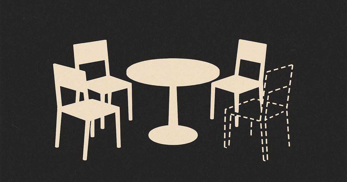Three ivory chairs around a small table, with a fourth drawn as a dashed outline, on charcoal