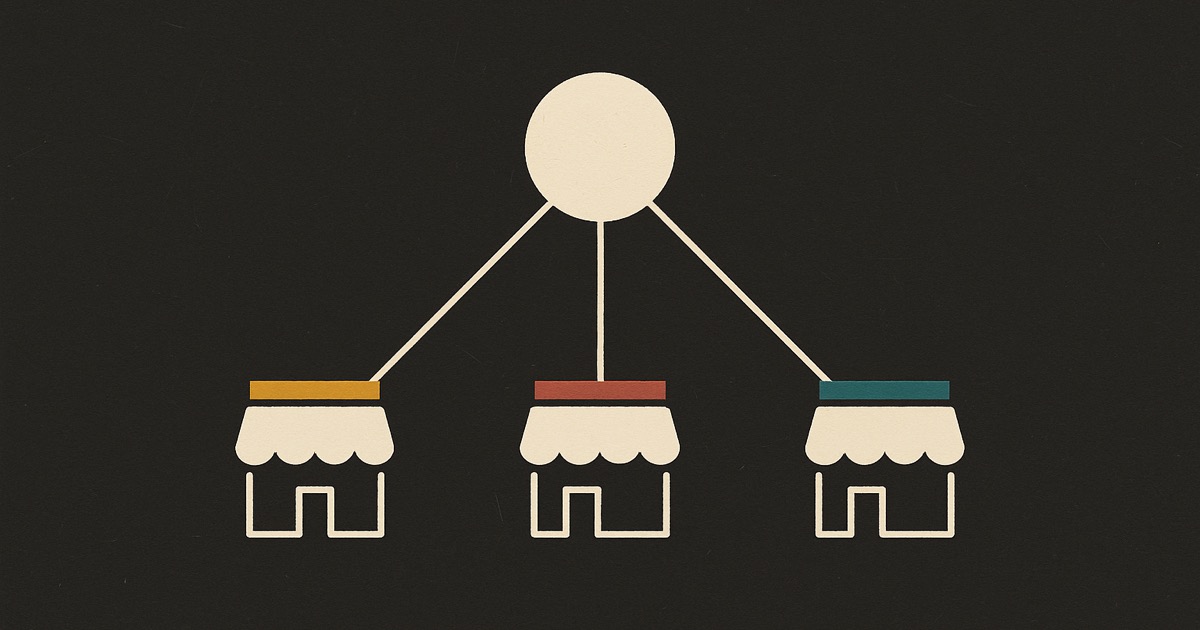 Three small ivory shop fronts joined by thin lines to one node above them, on charcoal