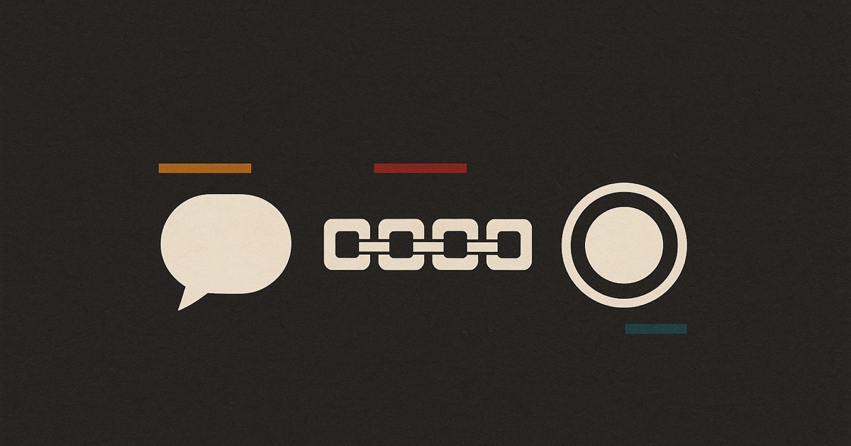 A speech bubble, a chain of four links and a disc inside a ring, in ivory on charcoal