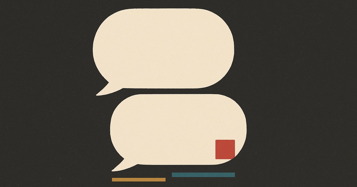 Two ivory speech bubbles stacked, the lower one with a small red seal in its corner, on charcoal