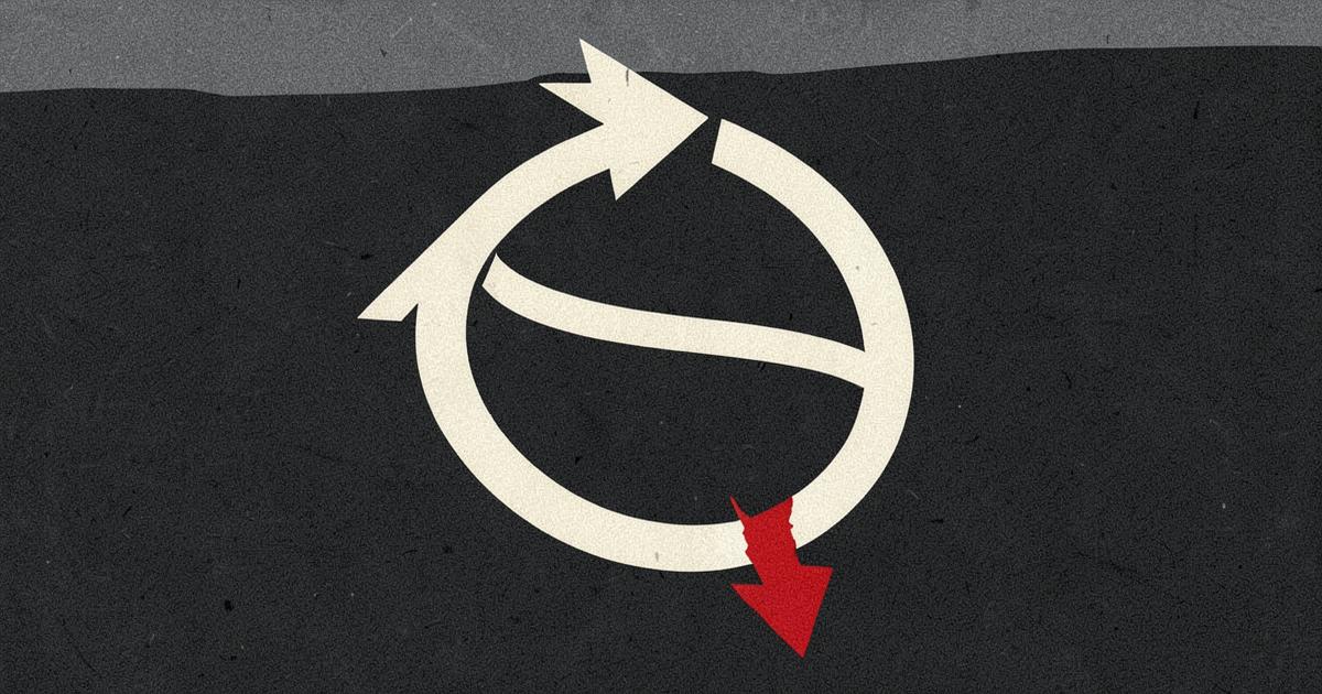 An ivory looping arrow with a red arrowhead breaking away, on a charcoal field